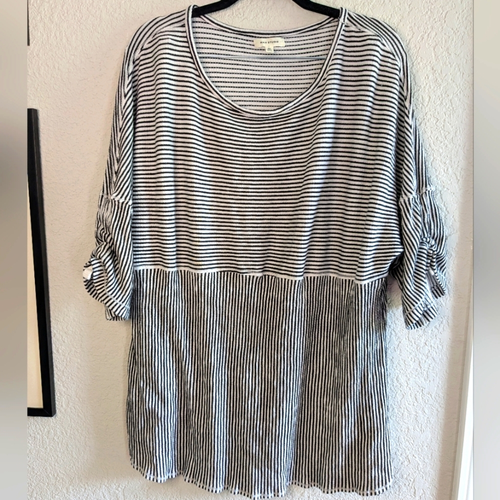 Max Studio Knit Top Striped Stretch Dolman Sleeves Ruched 3/4 Sleeve 3X Casual